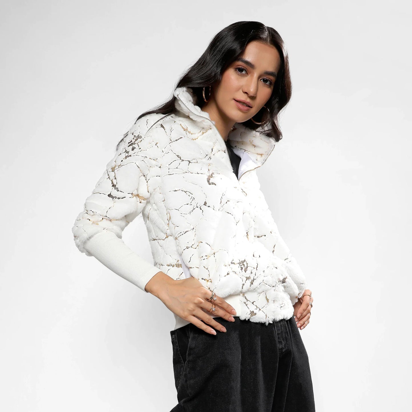 Chalk White Metallic Veined Faux Fur Jacket