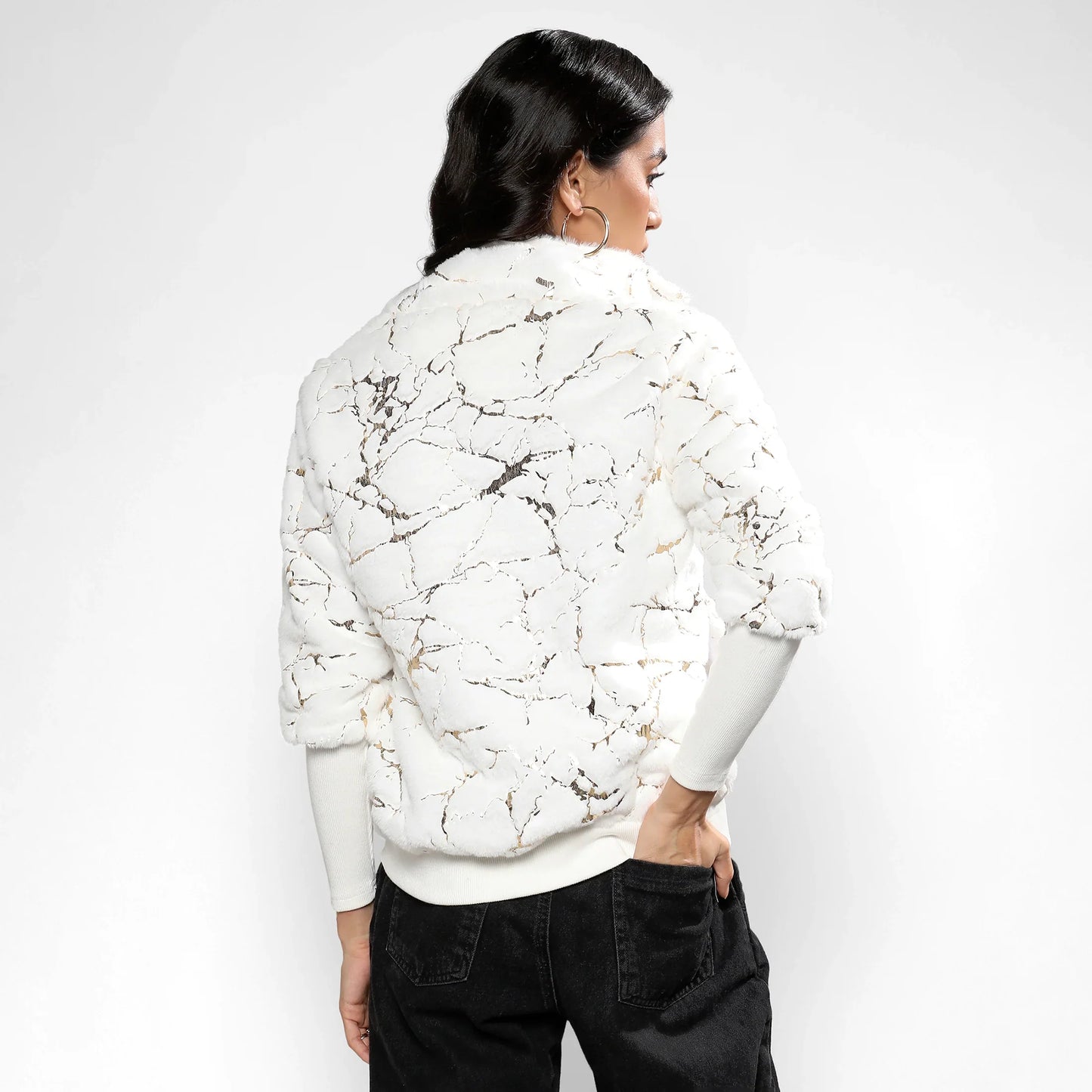 Chalk White Metallic Veined Faux Fur Jacket