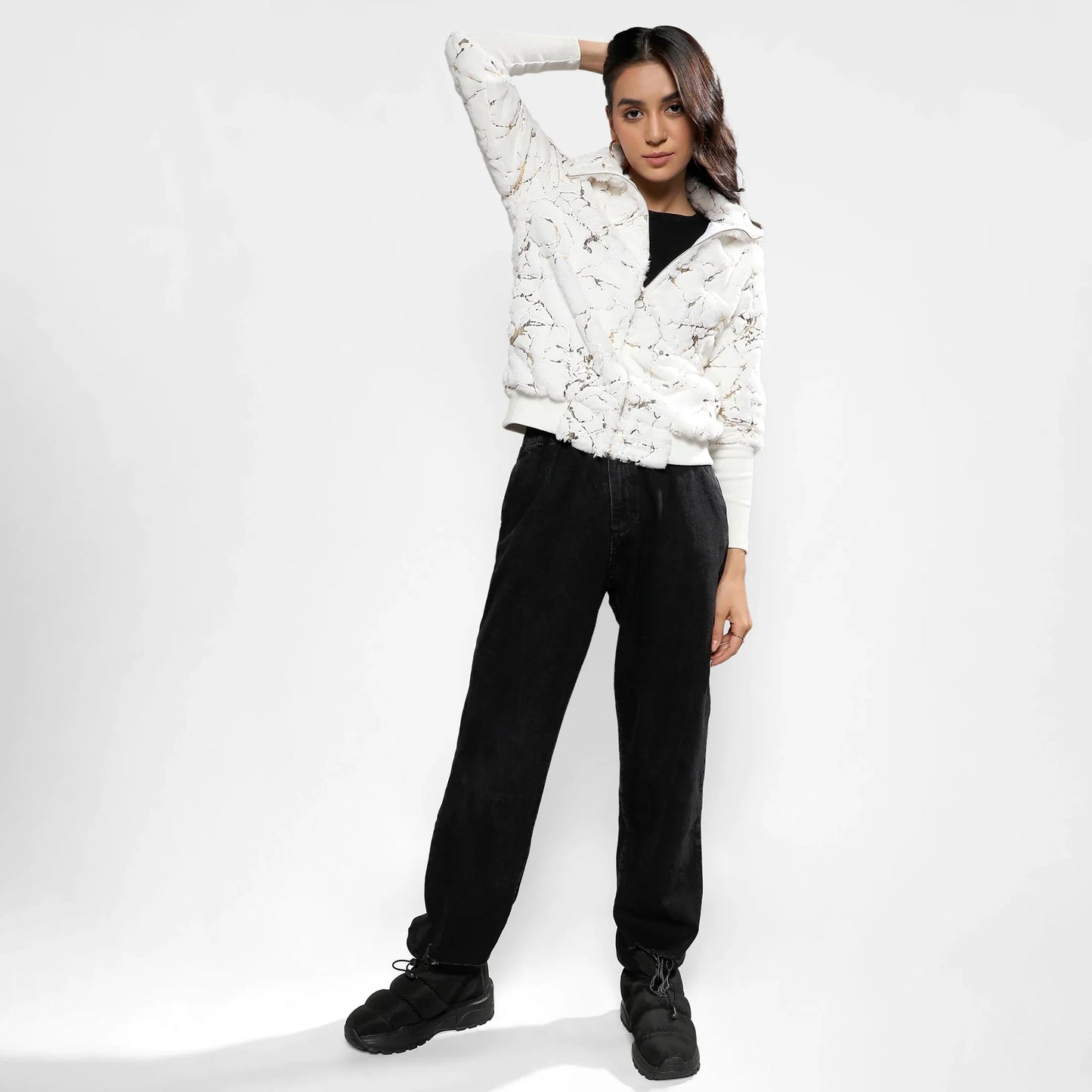 Chalk White Metallic Veined Faux Fur Jacket
