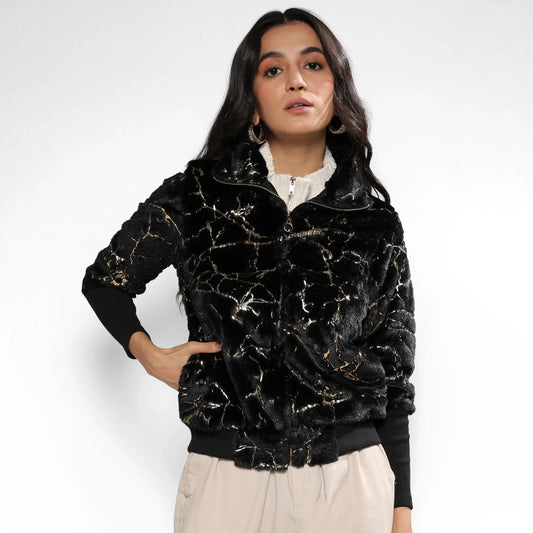 Carbon Black Metallic Veined Faux Fur Jacket