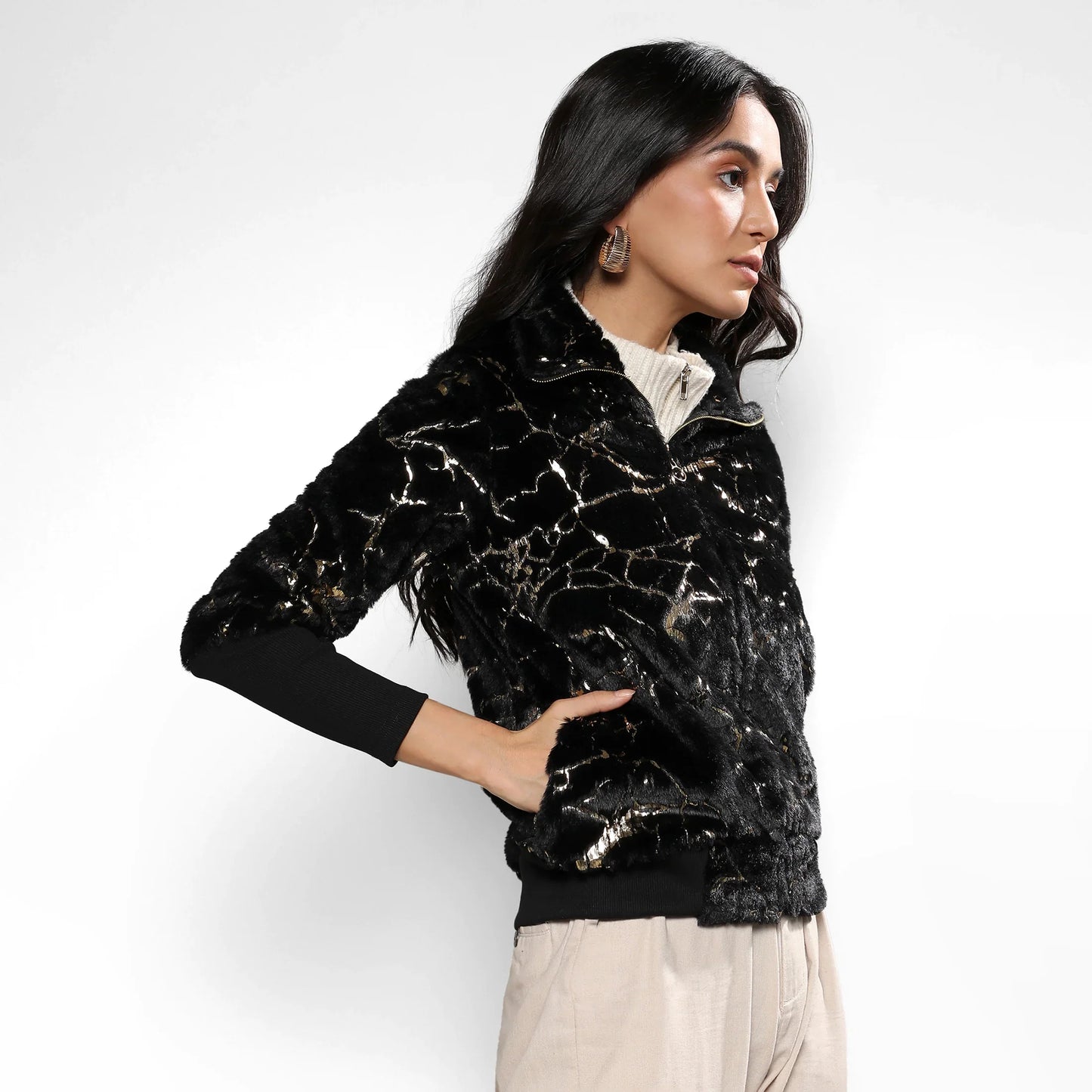 Carbon Black Metallic Veined Faux Fur Jacket