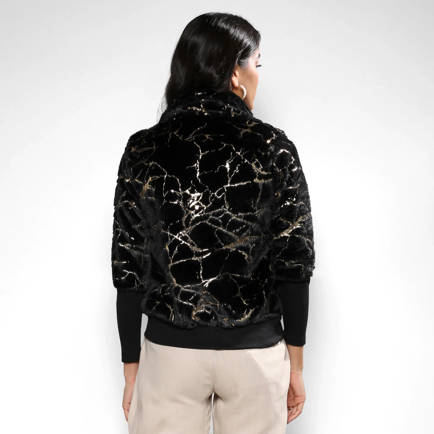 Carbon Black Metallic Veined Faux Fur Jacket