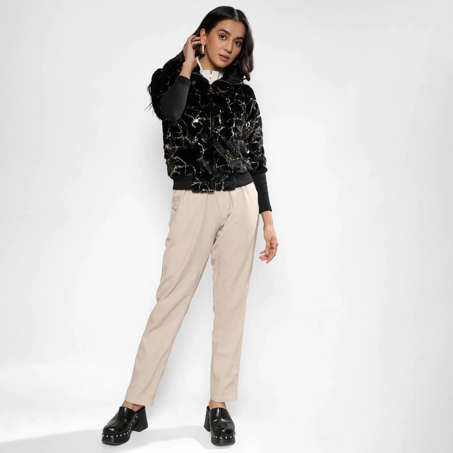 Carbon Black Metallic Veined Faux Fur Jacket