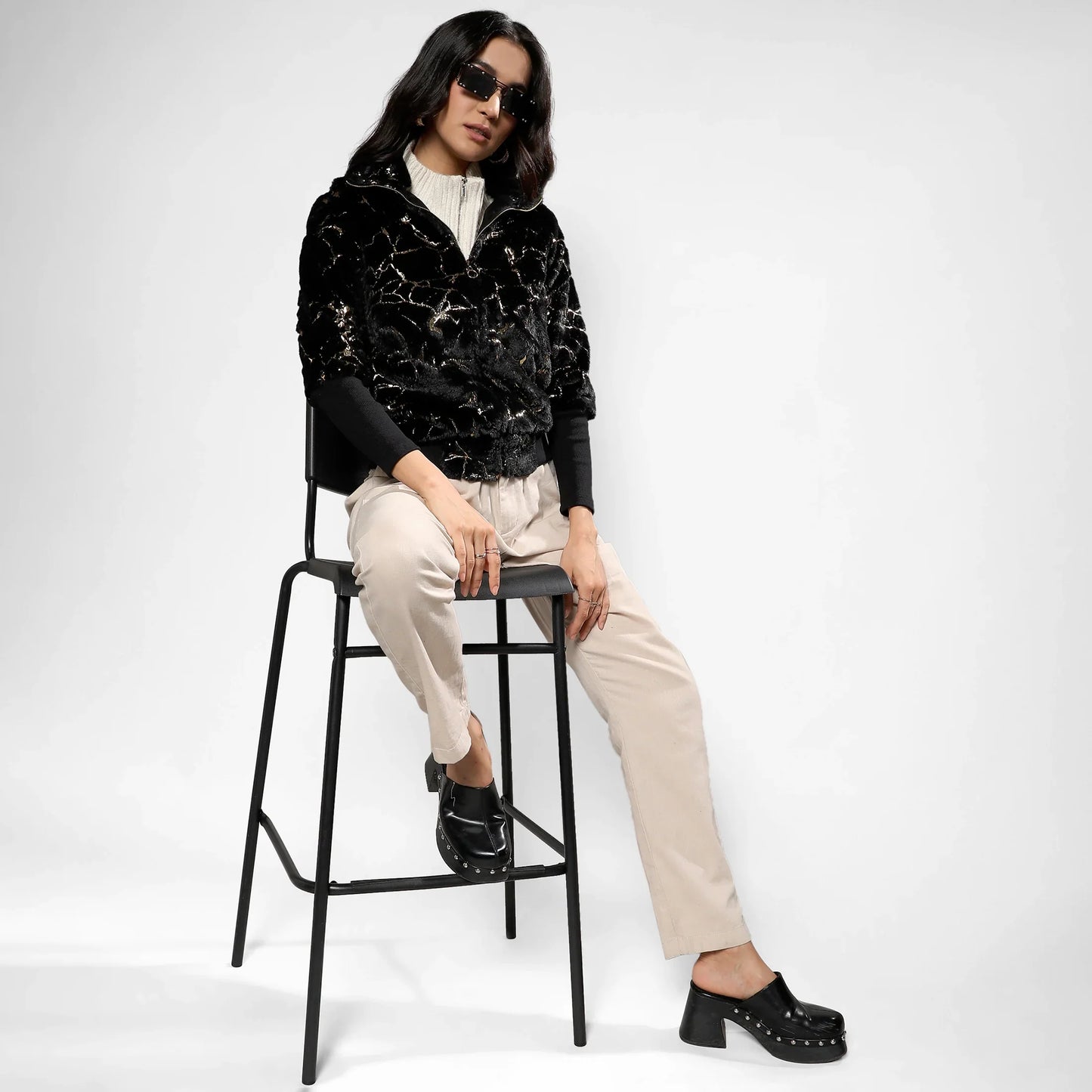 Carbon Black Metallic Veined Faux Fur Jacket