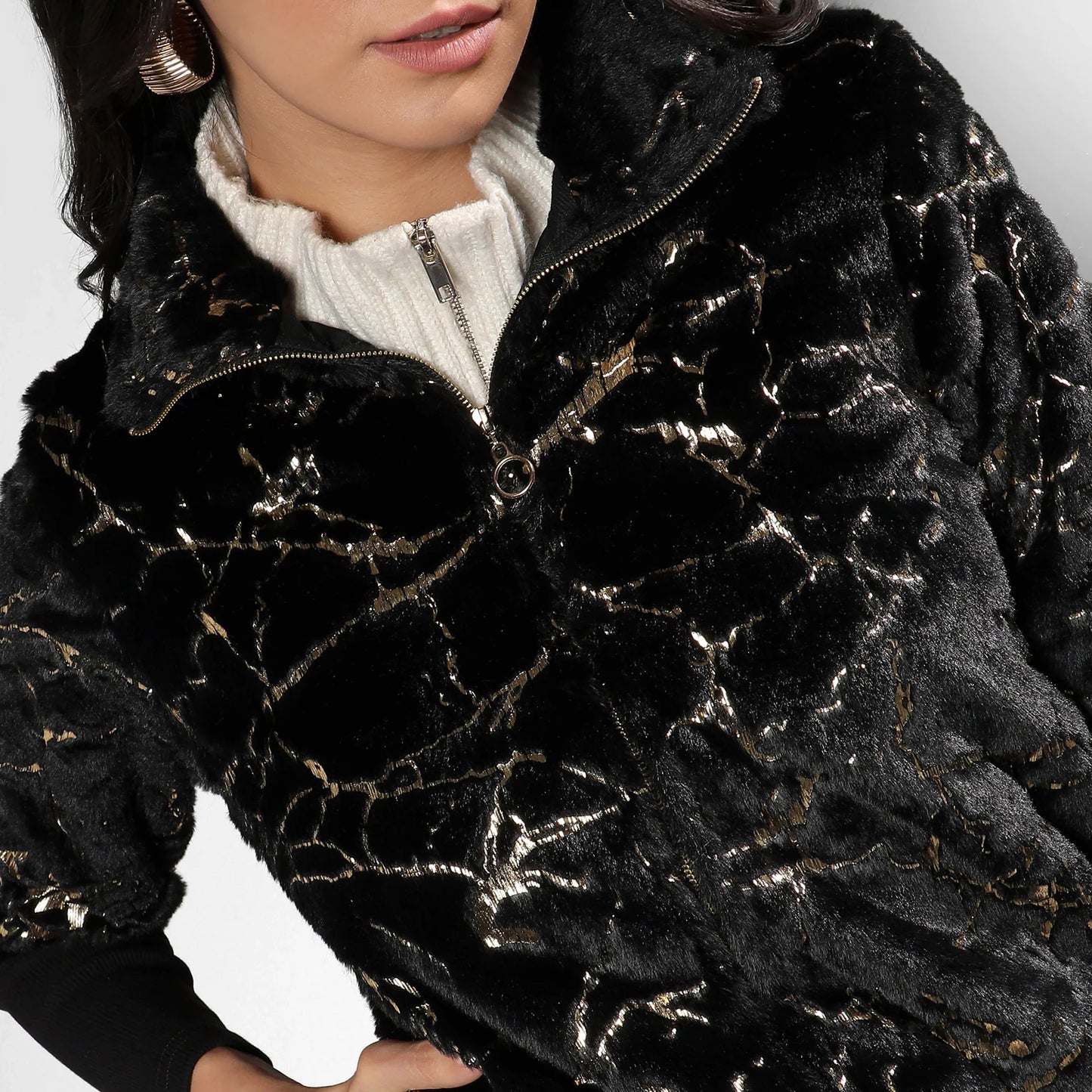 Carbon Black Metallic Veined Faux Fur Jacket