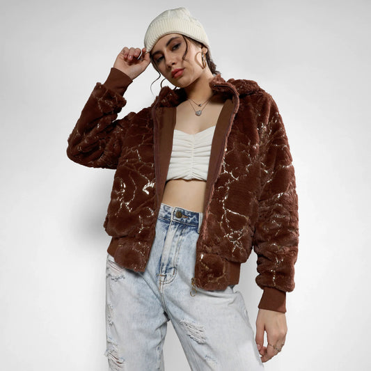 Chocolate Brown Metallic Veined Faux Fur Jacket