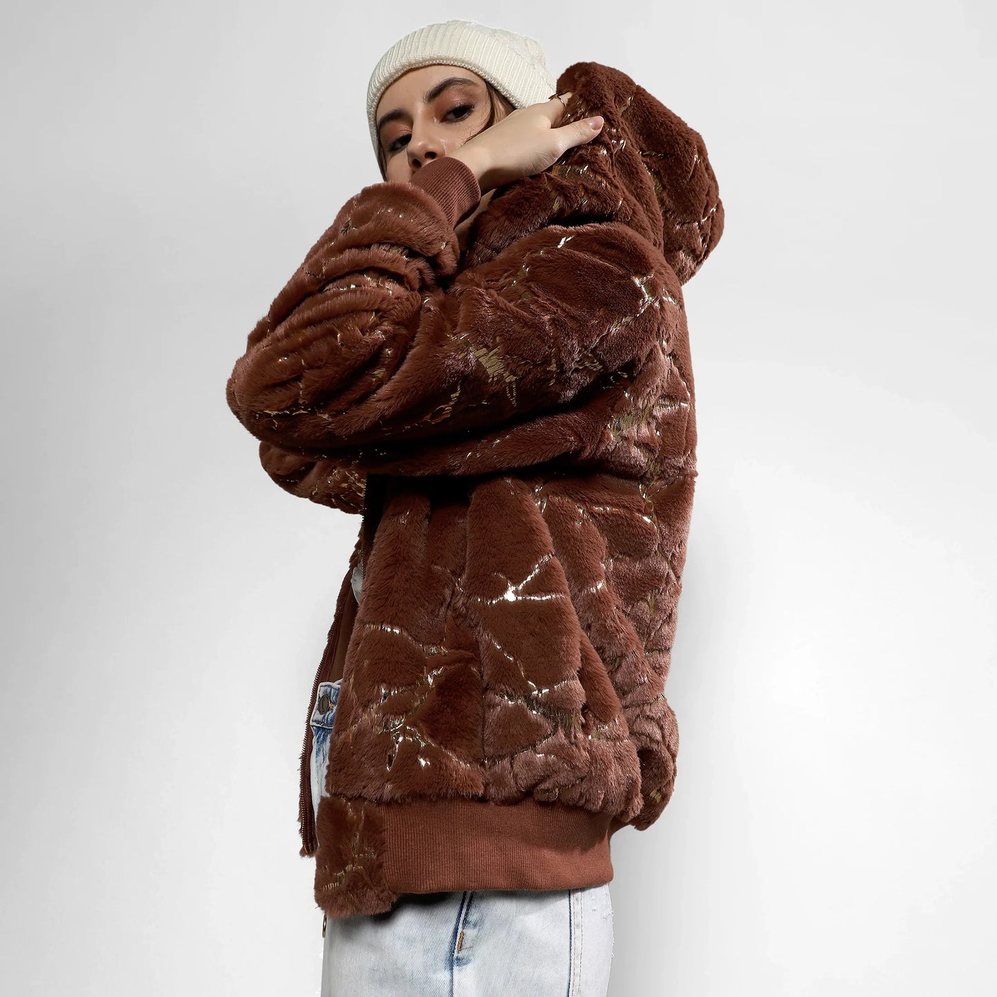 Chocolate Brown Metallic Veined Faux Fur Jacket