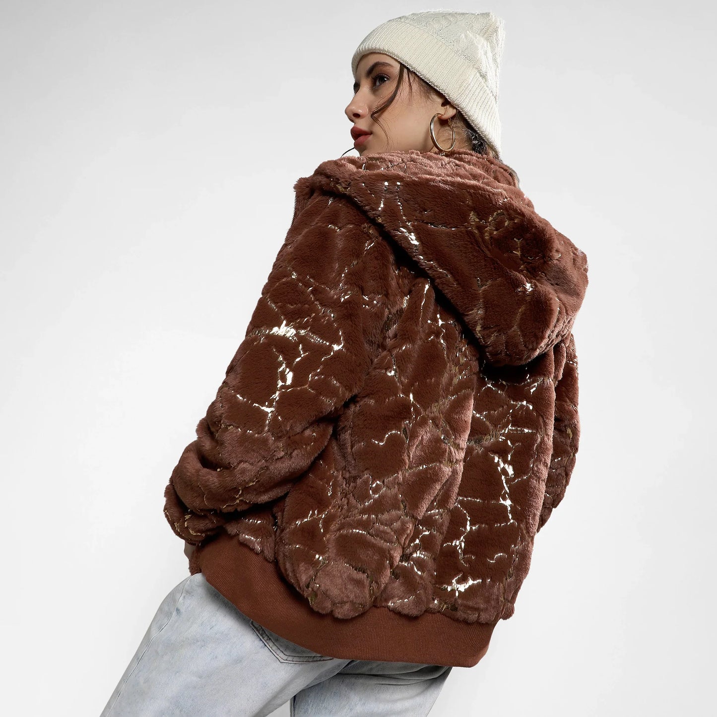 Chocolate Brown Metallic Veined Faux Fur Jacket