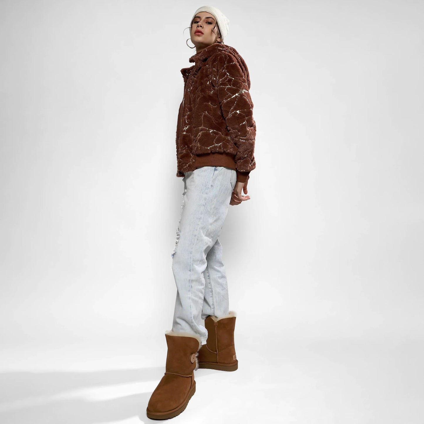 Chocolate Brown Metallic Veined Faux Fur Jacket