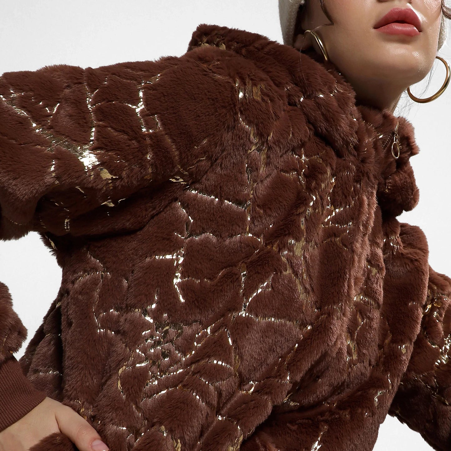Chocolate Brown Metallic Veined Faux Fur Jacket
