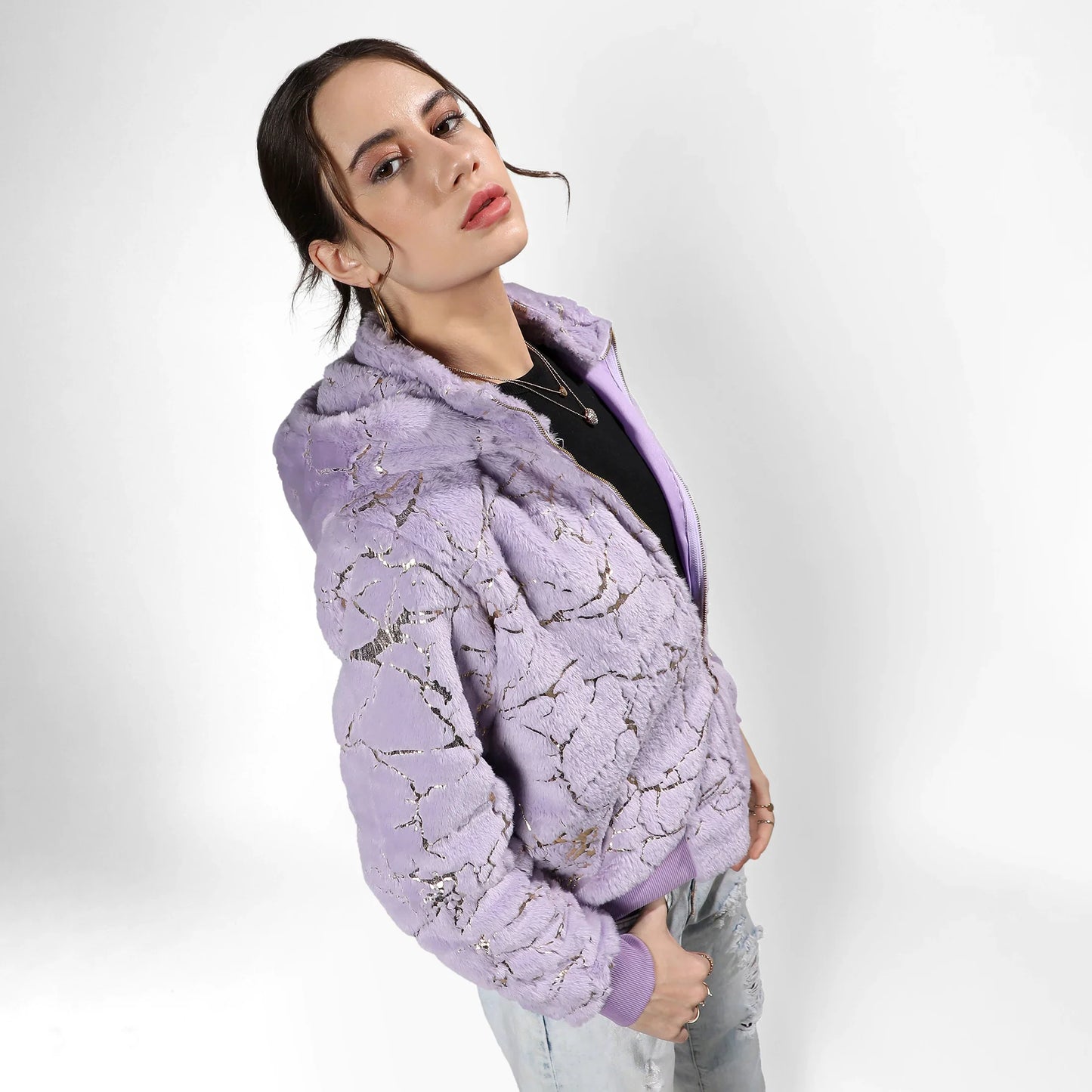 Lilac Metallic Veined Faux Fur Jacket