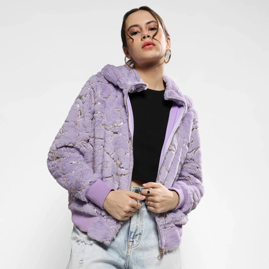 Lilac Metallic Veined Faux Fur Jacket
