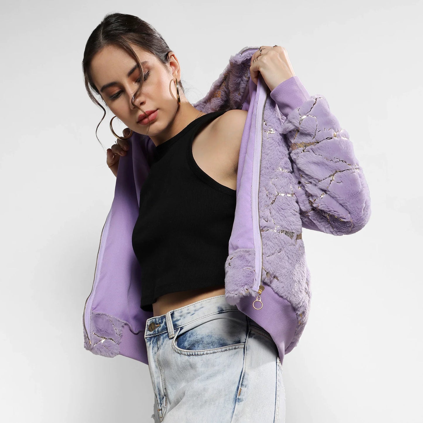Lilac Metallic Veined Faux Fur Jacket