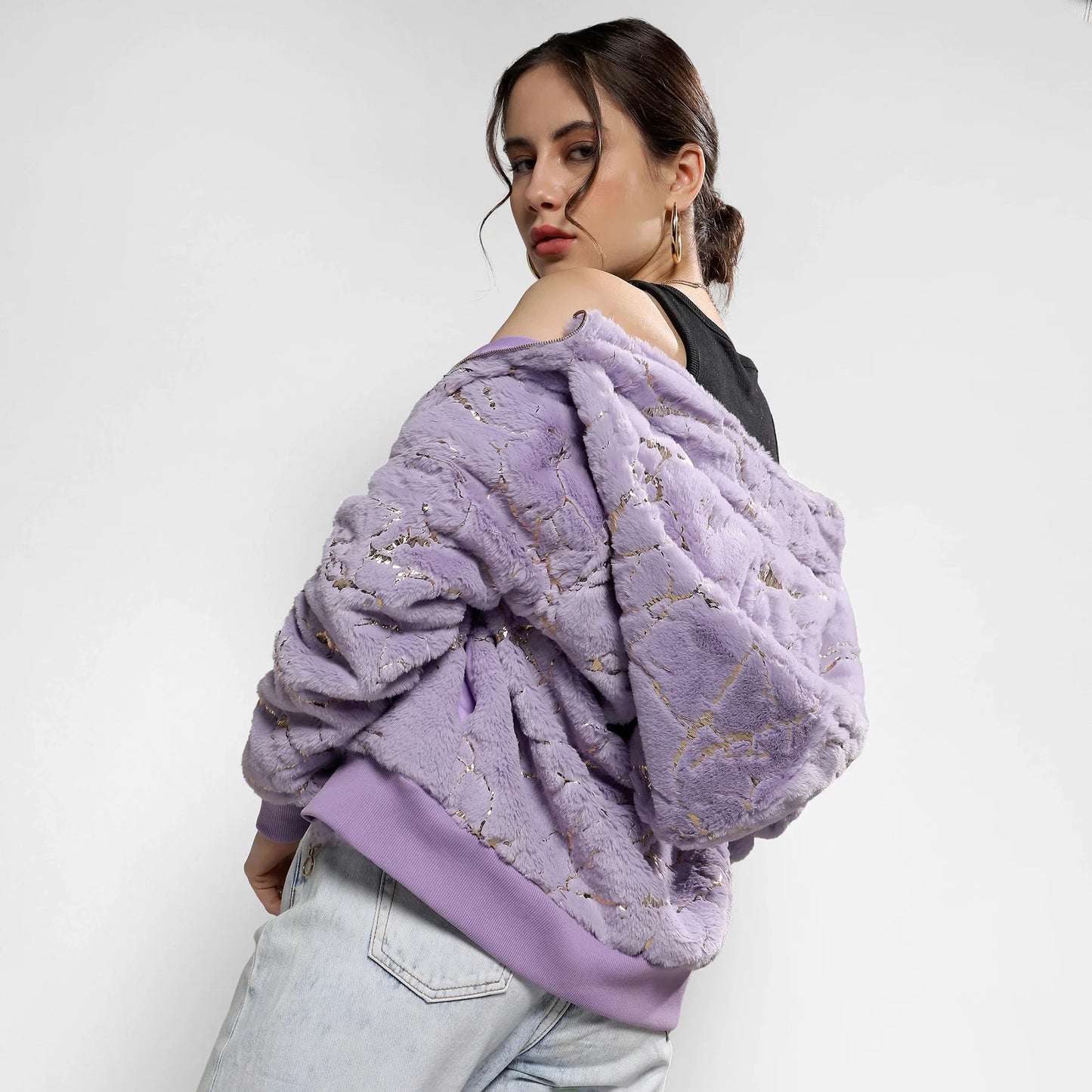 Lilac Metallic Veined Faux Fur Jacket