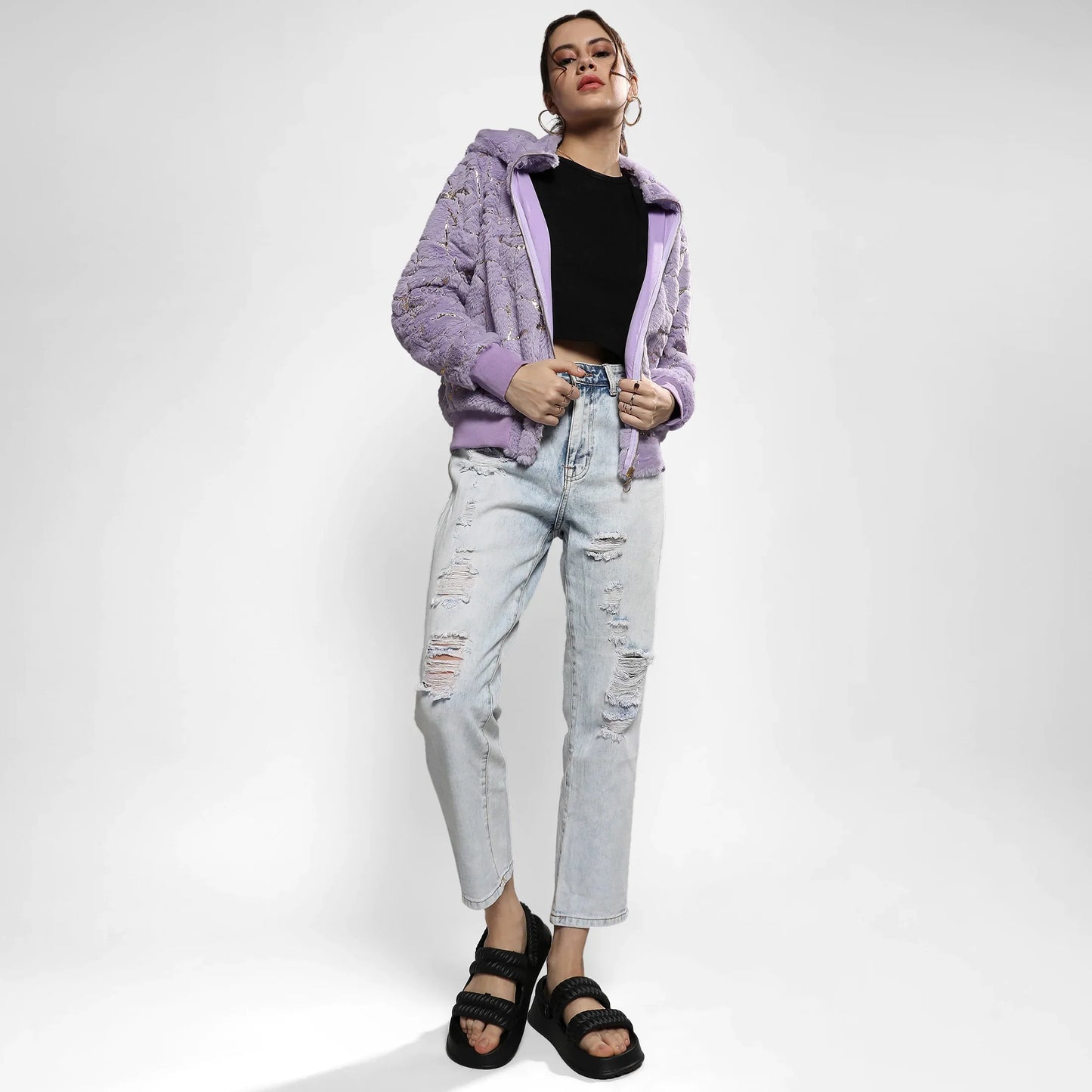 Lilac Metallic Veined Faux Fur Jacket