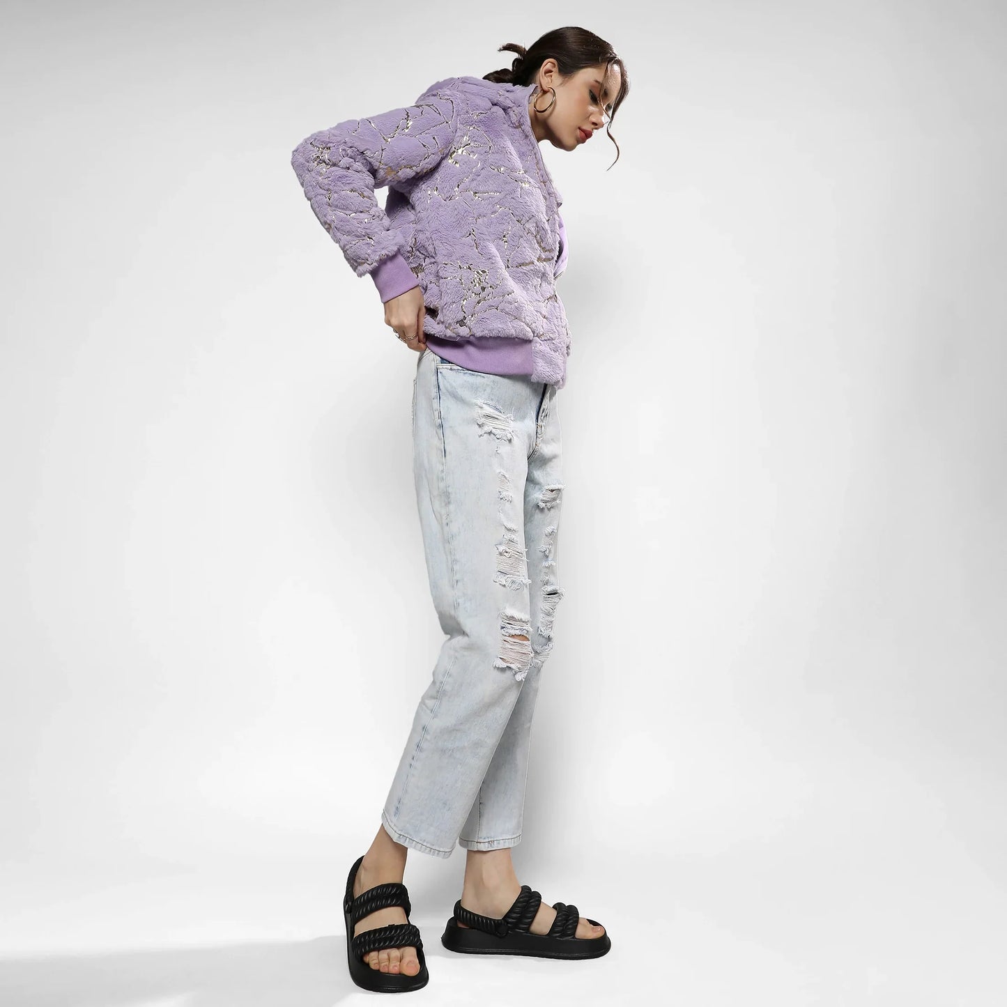 Lilac Metallic Veined Faux Fur Jacket