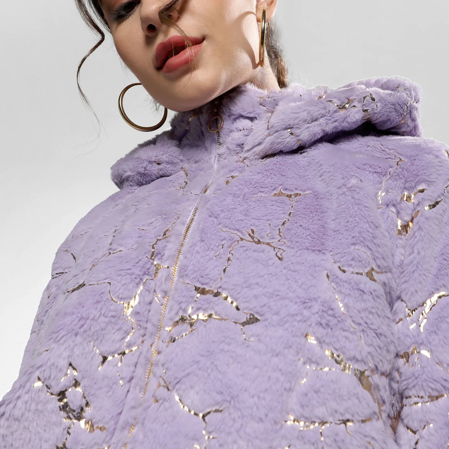 Lilac Metallic Veined Faux Fur Jacket