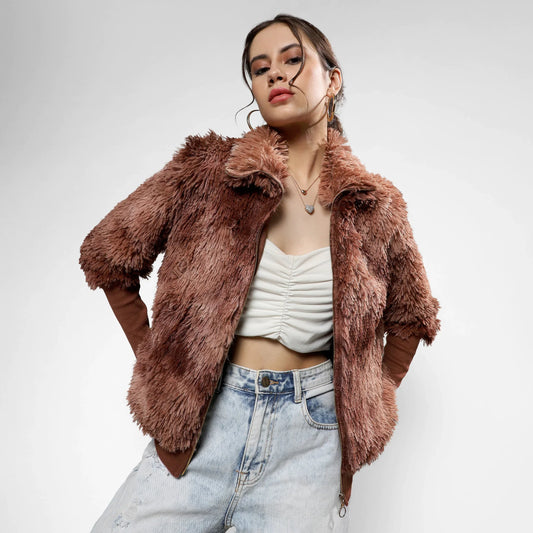 Chocolate Brown Faded Faux Fur Jacket