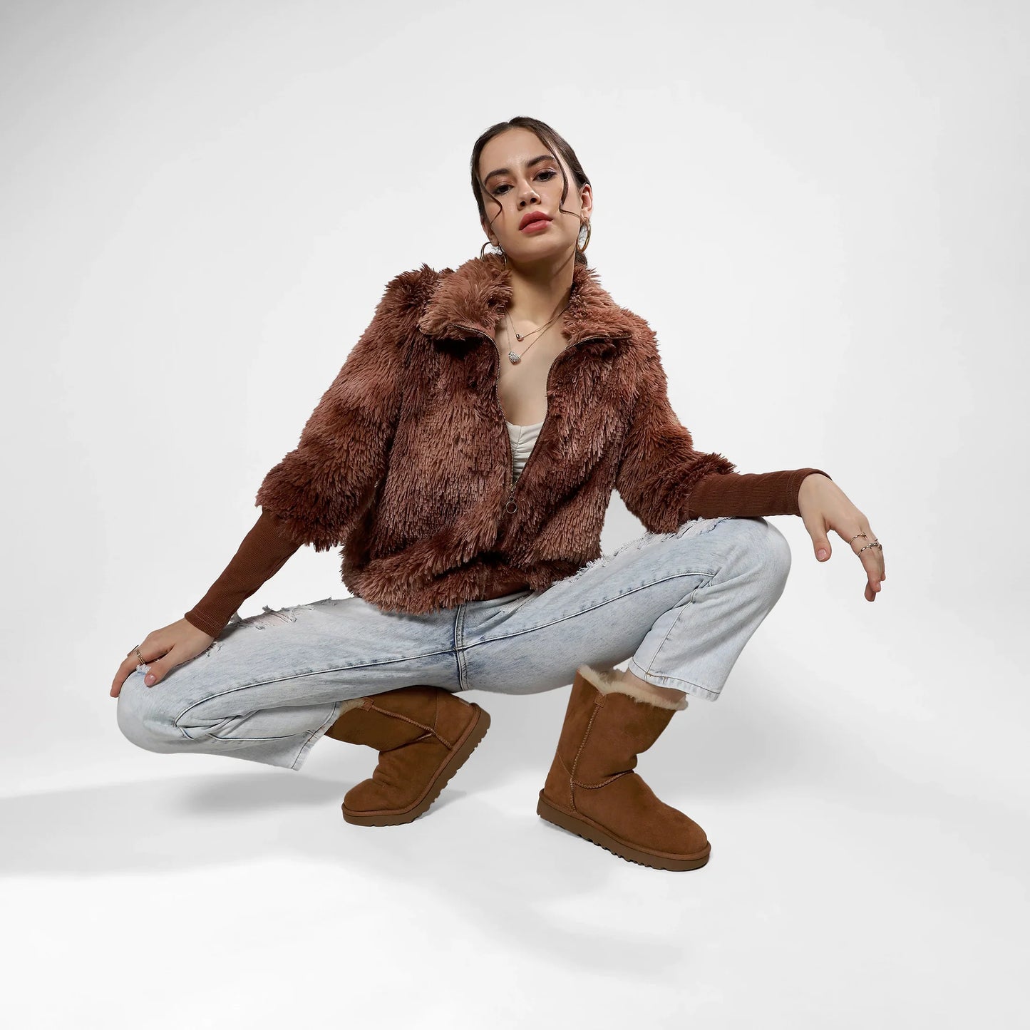 Chocolate Brown Faded Faux Fur Jacket
