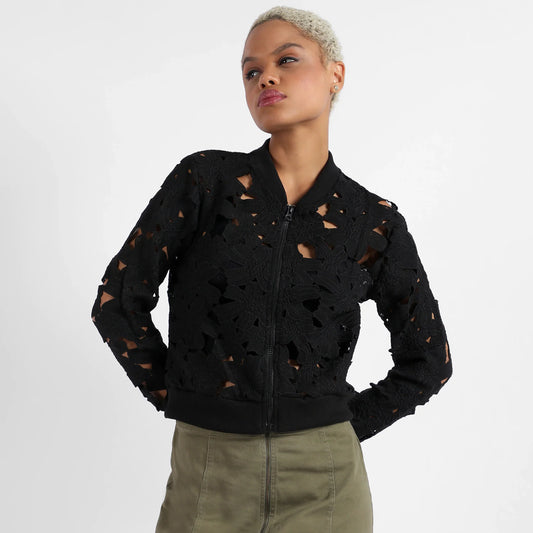 Jet Black Self-Design Botanical Jacket