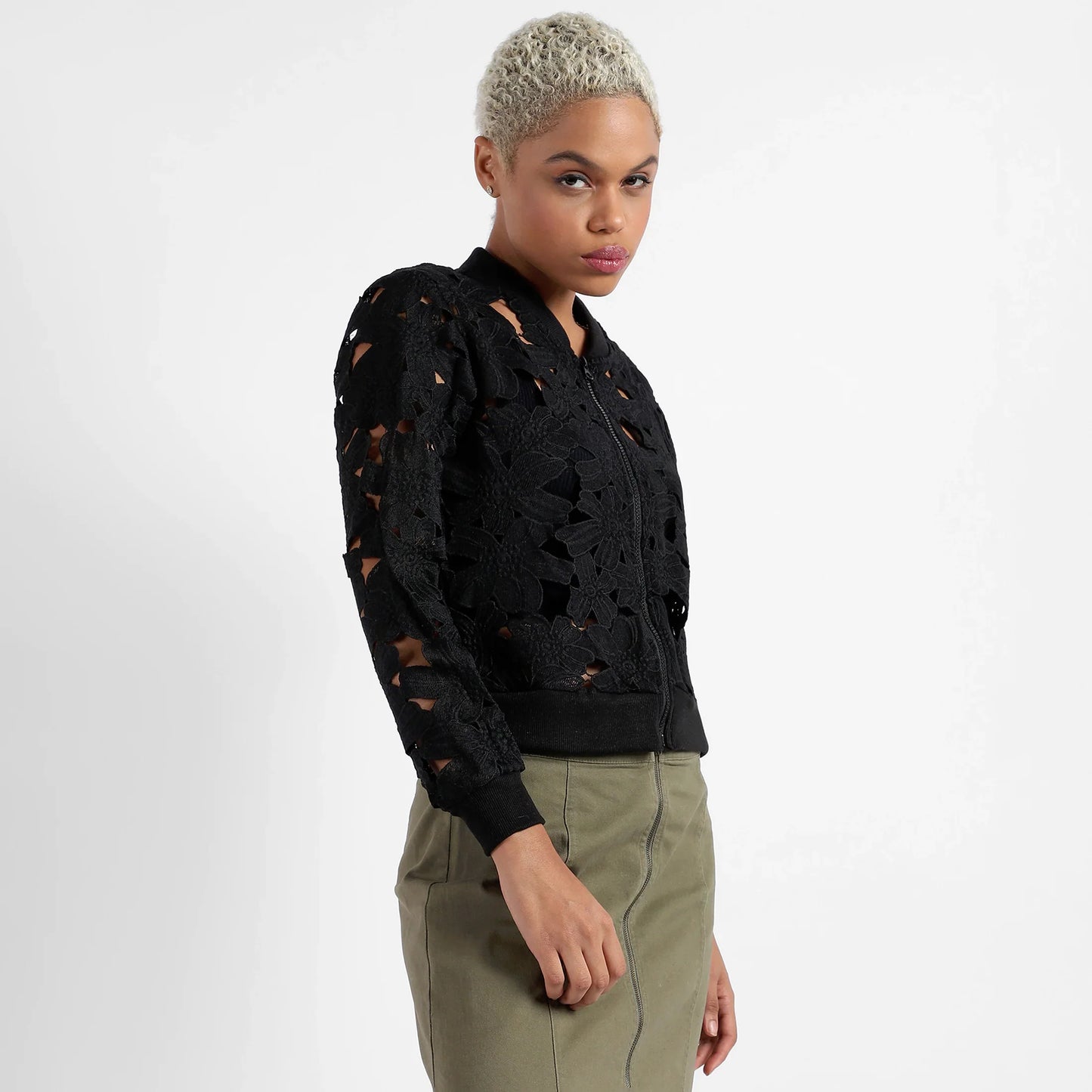 Jet Black Self-Design Botanical Jacket