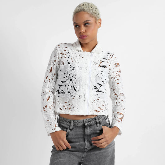 White Self-Design Botanical Jacket