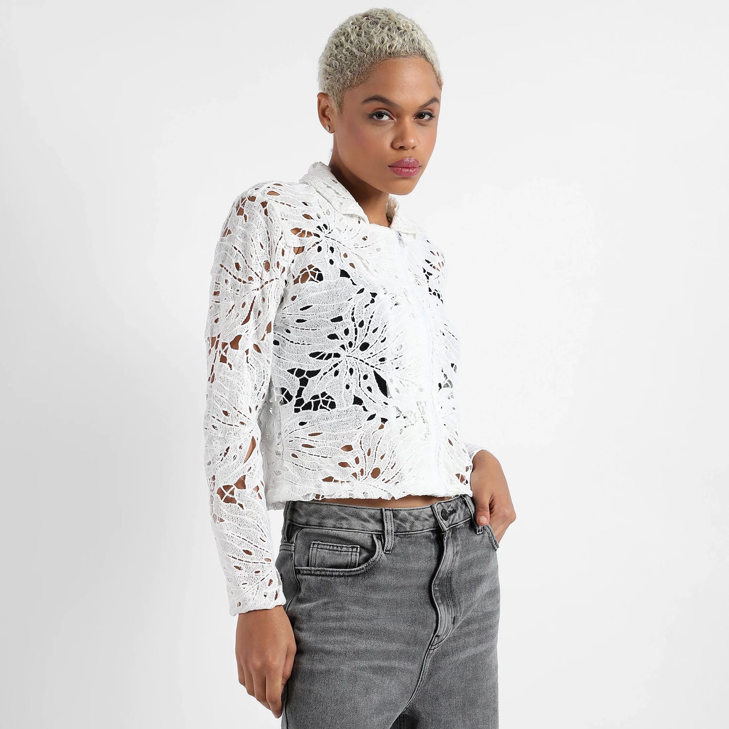 White Self-Design Botanical Jacket