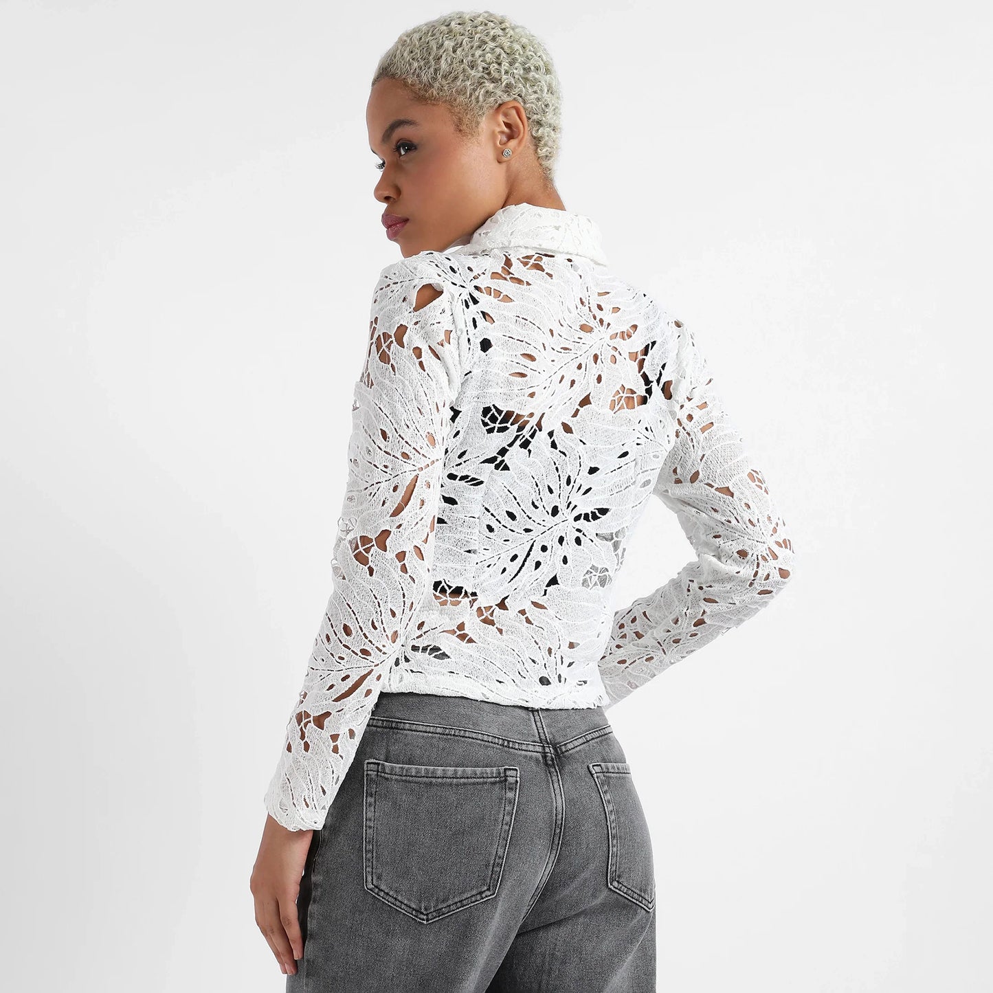 White Self-Design Botanical Jacket