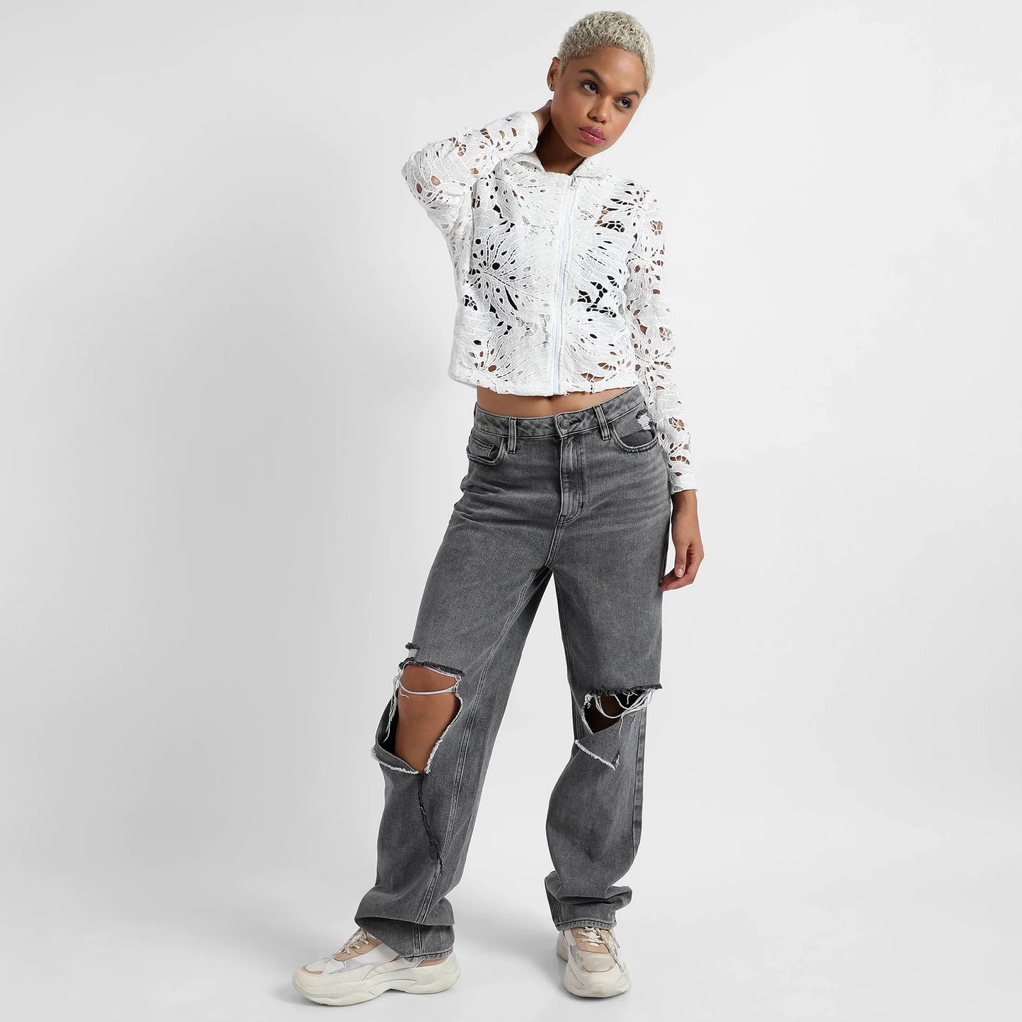 White Self-Design Botanical Jacket