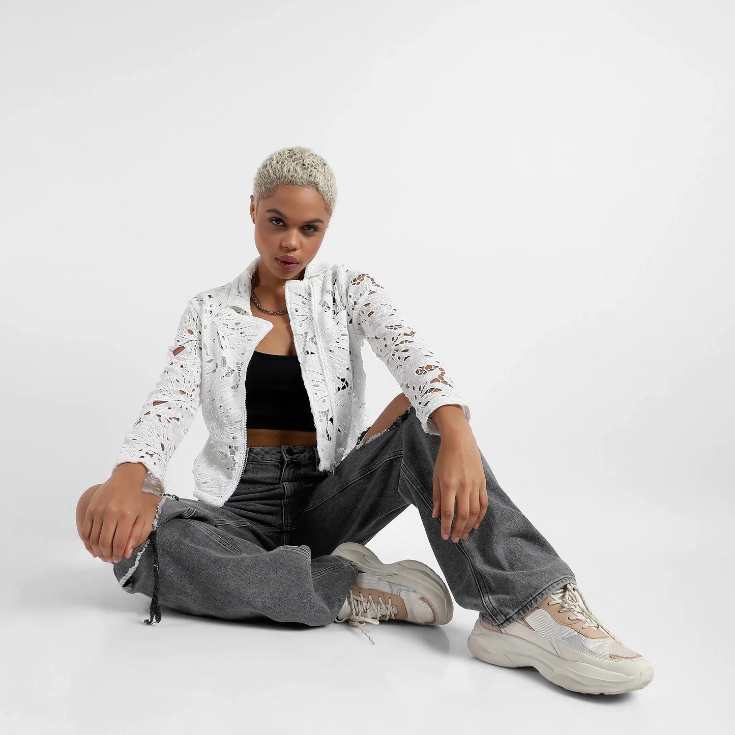 White Self-Design Botanical Jacket