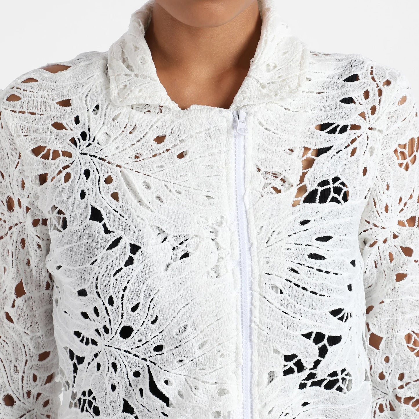 White Self-Design Botanical Jacket