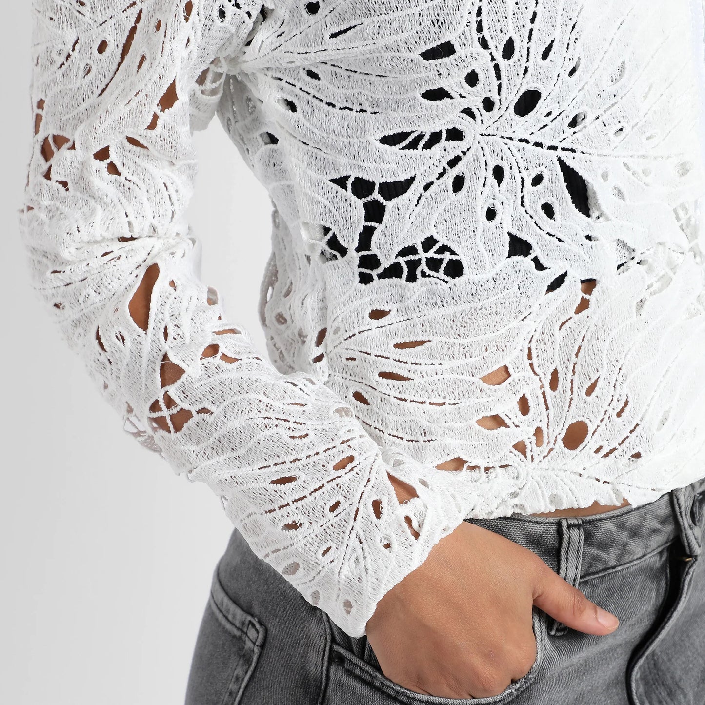 White Self-Design Botanical Jacket