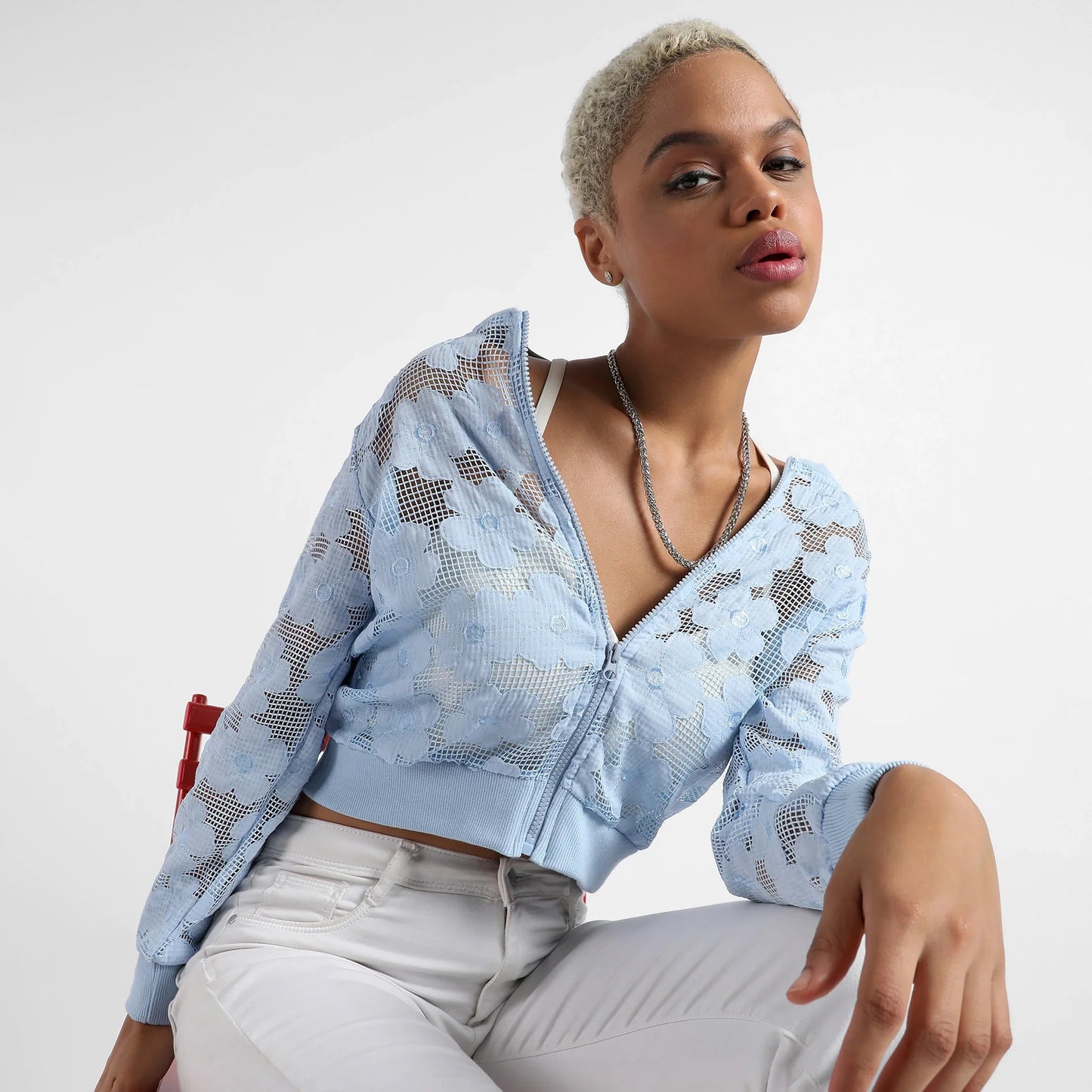 Icy Blue Self-Design Flower Jacket
