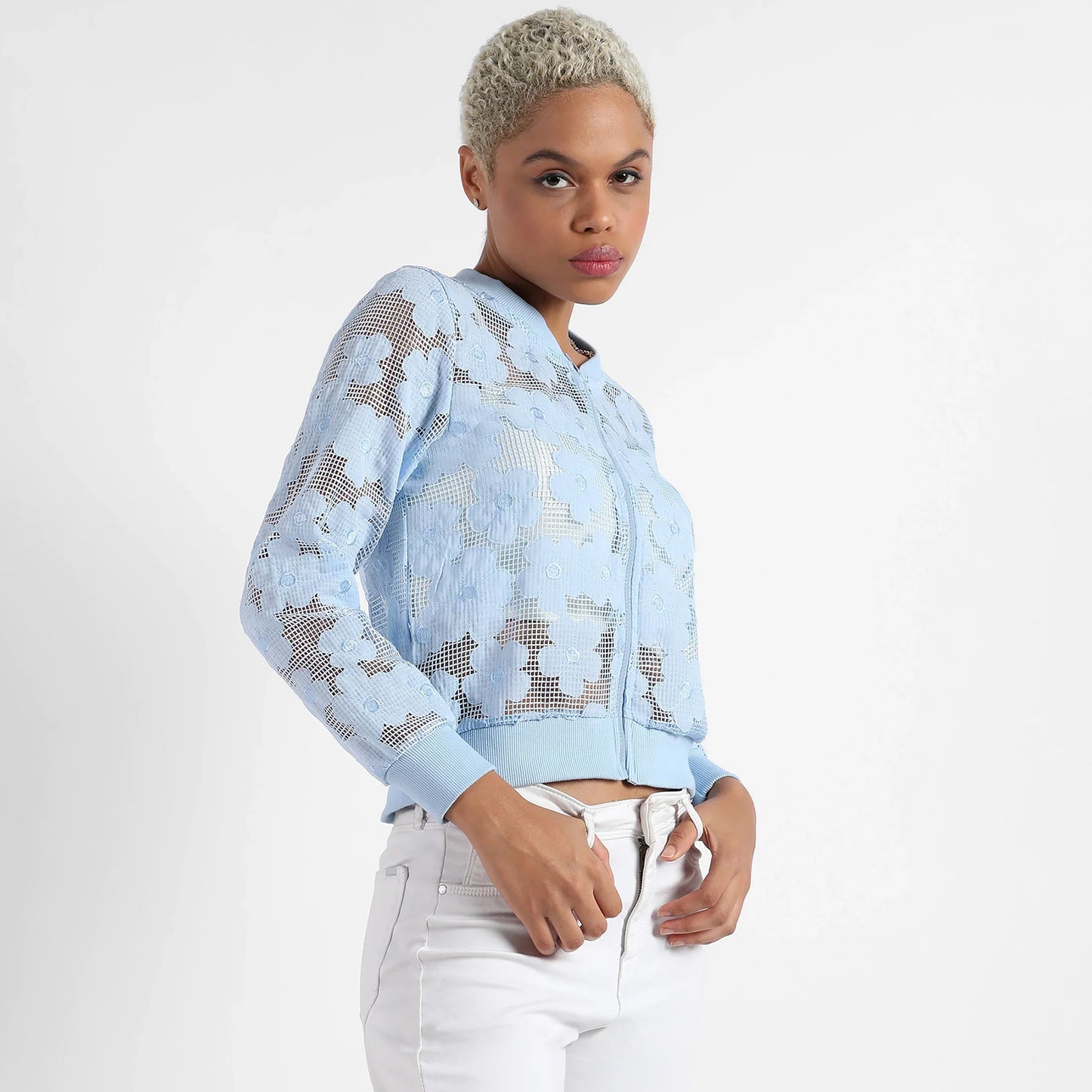 Icy Blue Self-Design Flower Jacket