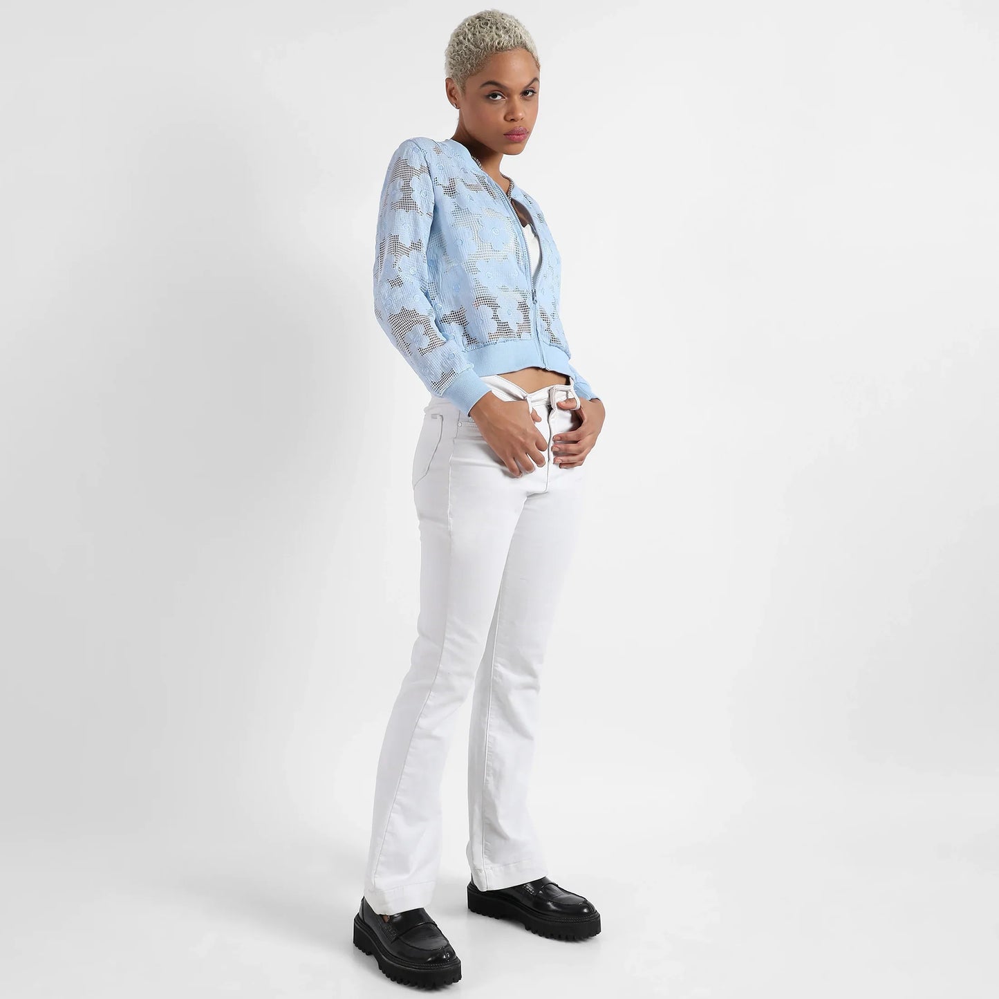 Icy Blue Self-Design Flower Jacket