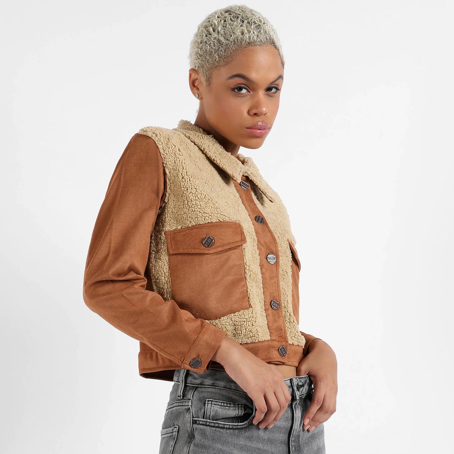 Brown Contrast Sherpa Jacket
