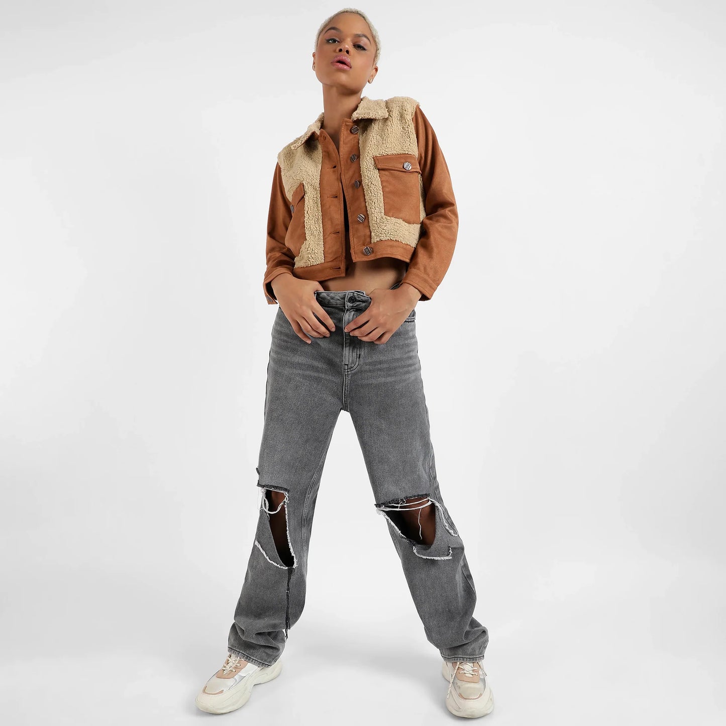 Brown Contrast Sherpa Jacket