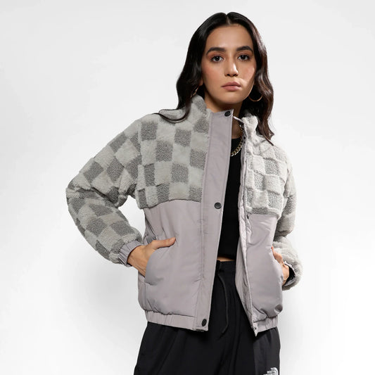 Moon Grey Fleece Self-Design Buffalo Check Jacket