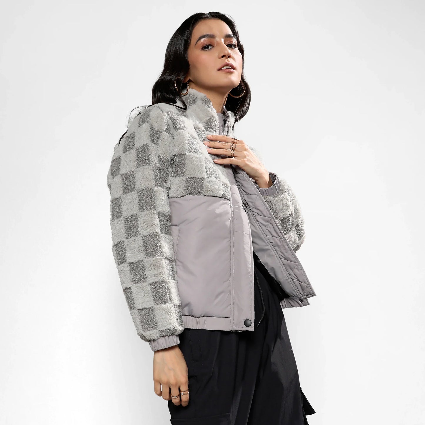 Moon Grey Fleece Self-Design Buffalo Check Jacket