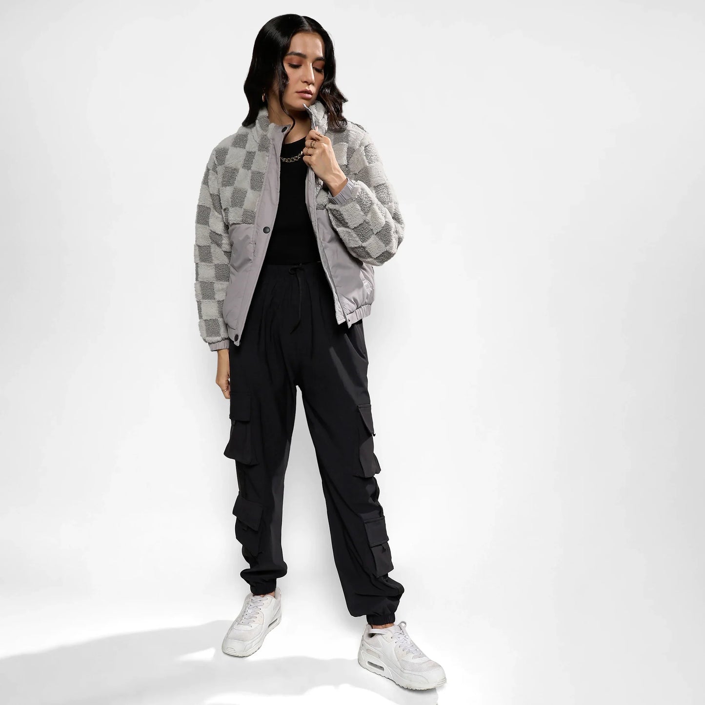 Moon Grey Fleece Self-Design Buffalo Check Jacket