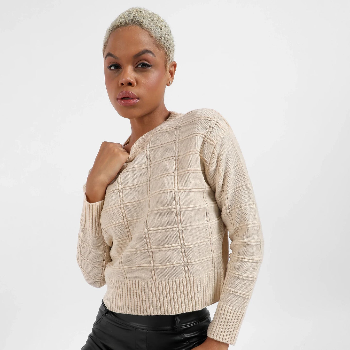 Beige Geometric Knit Sweater