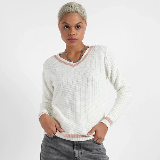 White Contrast Hem Knit Sweater