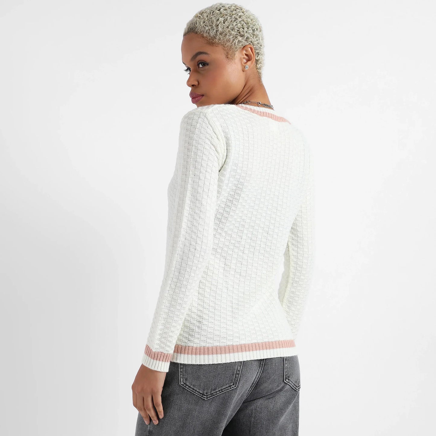 White Contrast Hem Knit Sweater