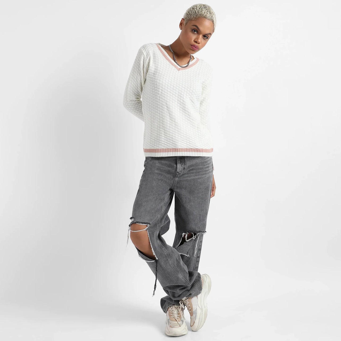 White Contrast Hem Knit Sweater