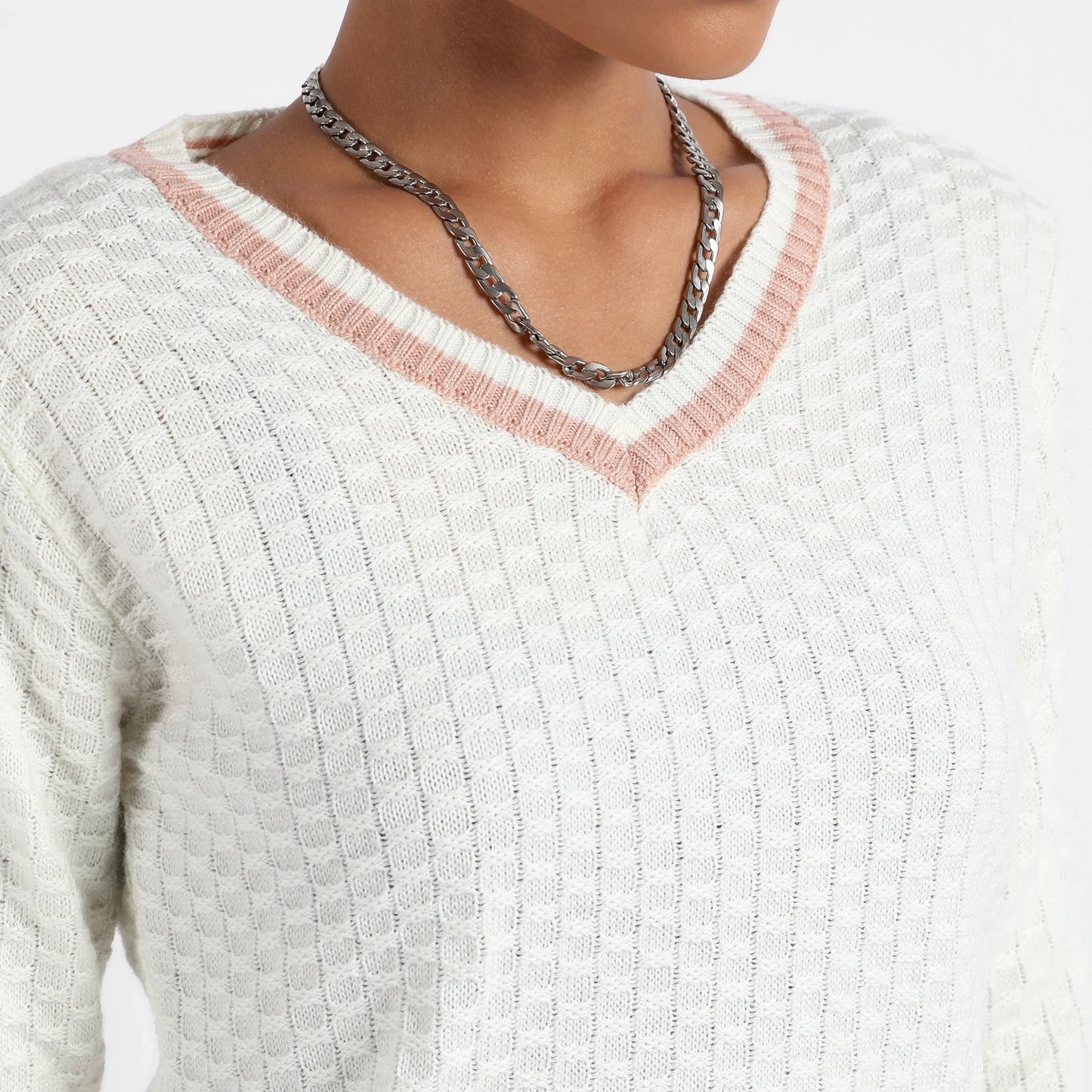 White Contrast Hem Knit Sweater