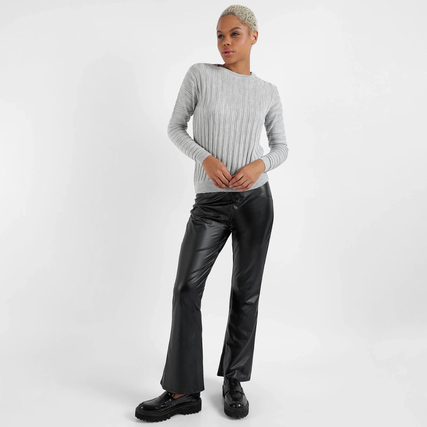 Grey Ribbed Knit Sweater