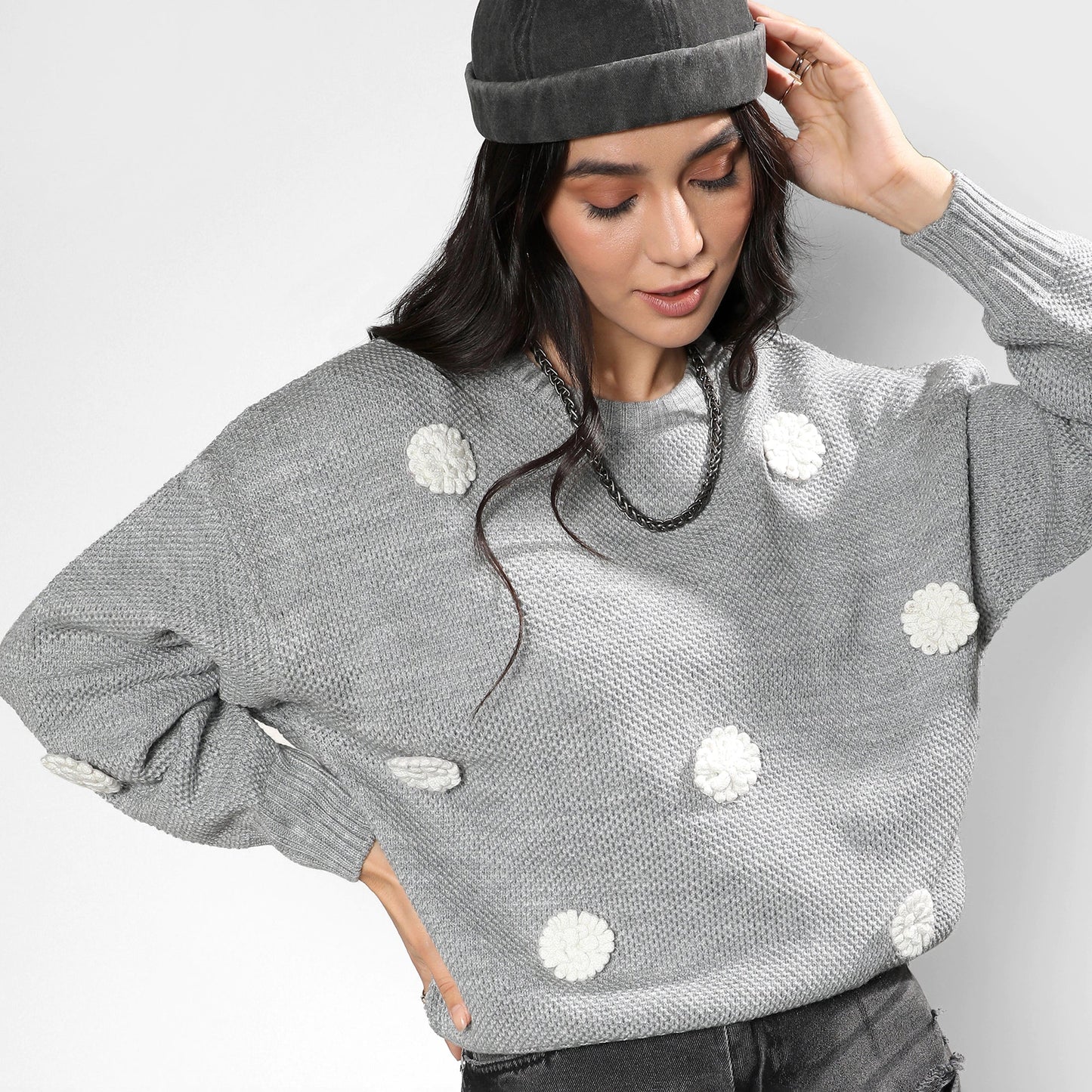 Moon Grey Flower Knit Sweater
