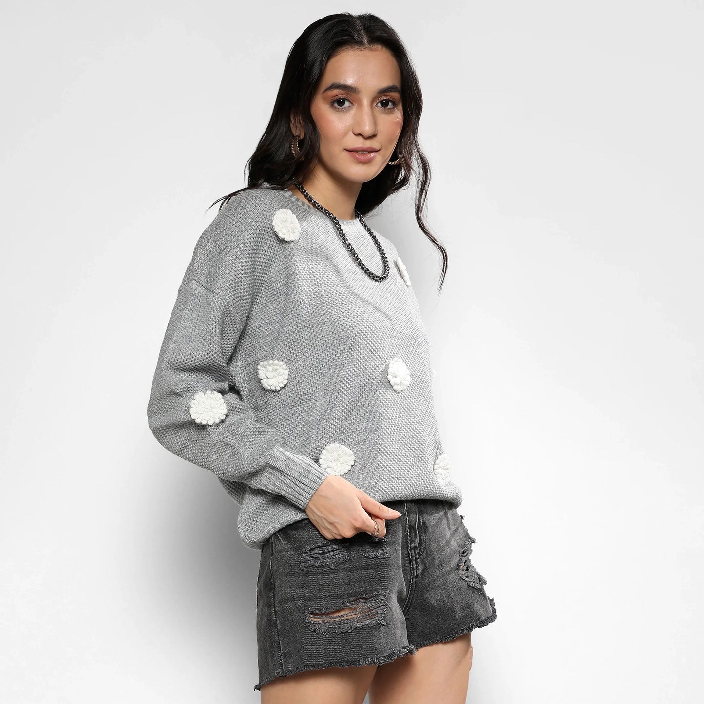 Moon Grey Flower Knit Sweater