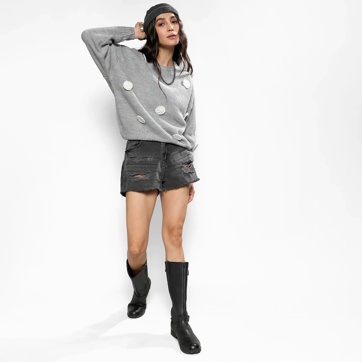 Moon Grey Flower Knit Sweater
