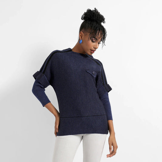 Navy Blue Micro Checkered Sweater With Striped Sleeve